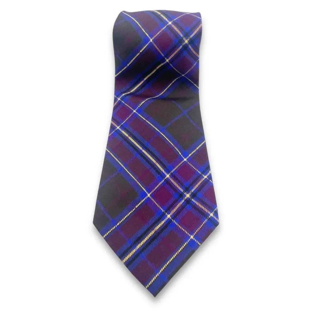 Polo Ralph Lauren Silk Tie Sporty Prep Navy Plum Black Plaid Classic Necktie